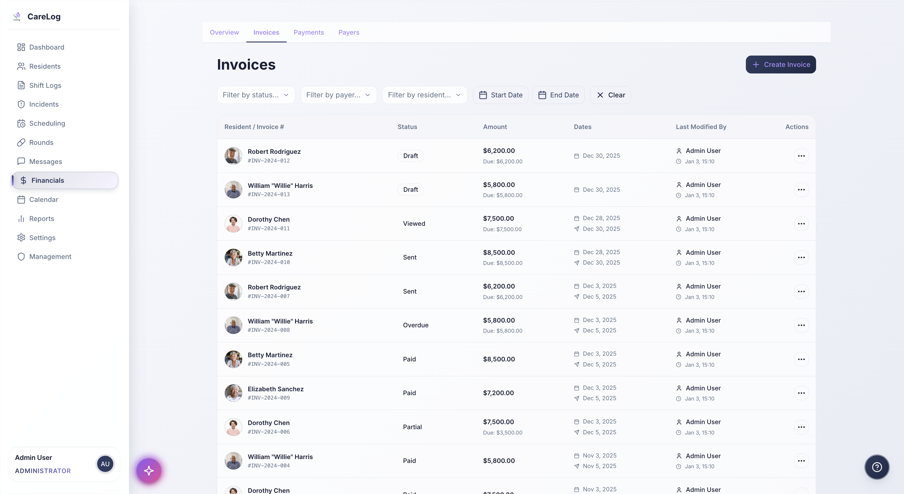 Billing and invoice screen
