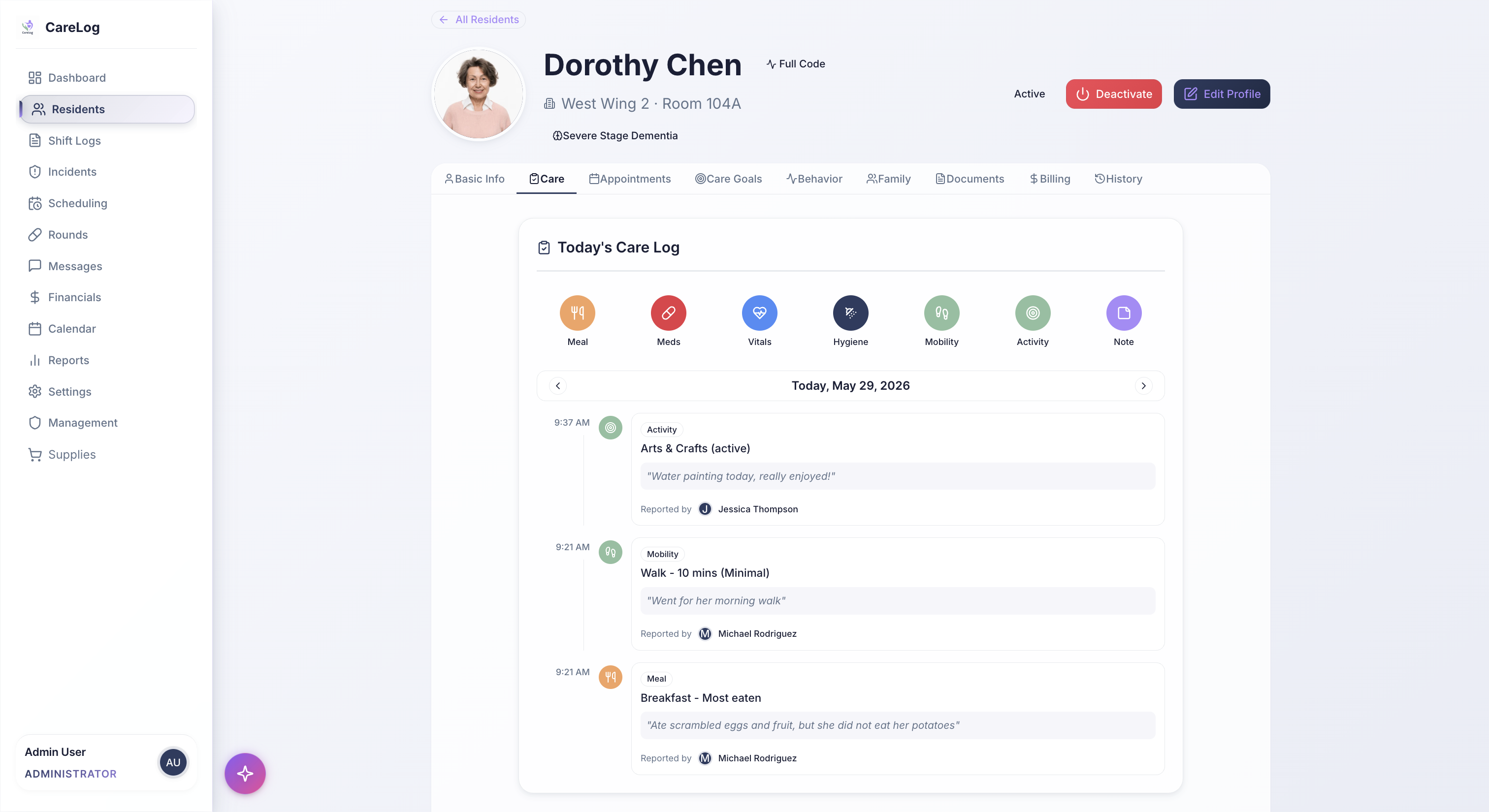 Care notes and incident screen